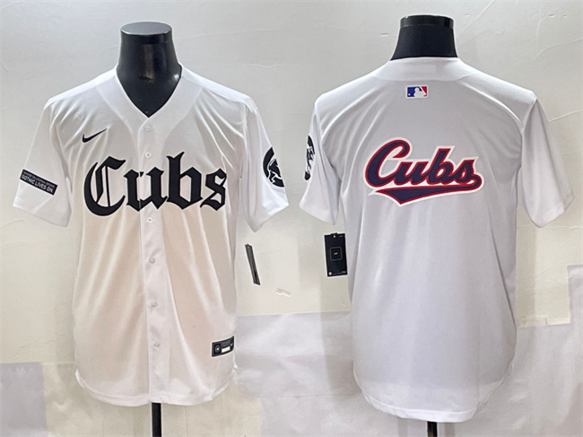 Men's Chicago Cubs Team Big Logo White 'Gothic North Side Edition' Vapor Premier Limited Stitched Baseball Jersey Men's Chicago Cubs Team Big Logo White 'Gothic North Side Edition' Vapor Premier Limited Stitched Baseball Jersey